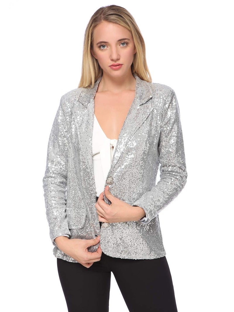 Anna-Kaci Women's Evening Sparkle Sequins Open Front Long Sleeve Blazer Jacket,Silver,Large - Image 3